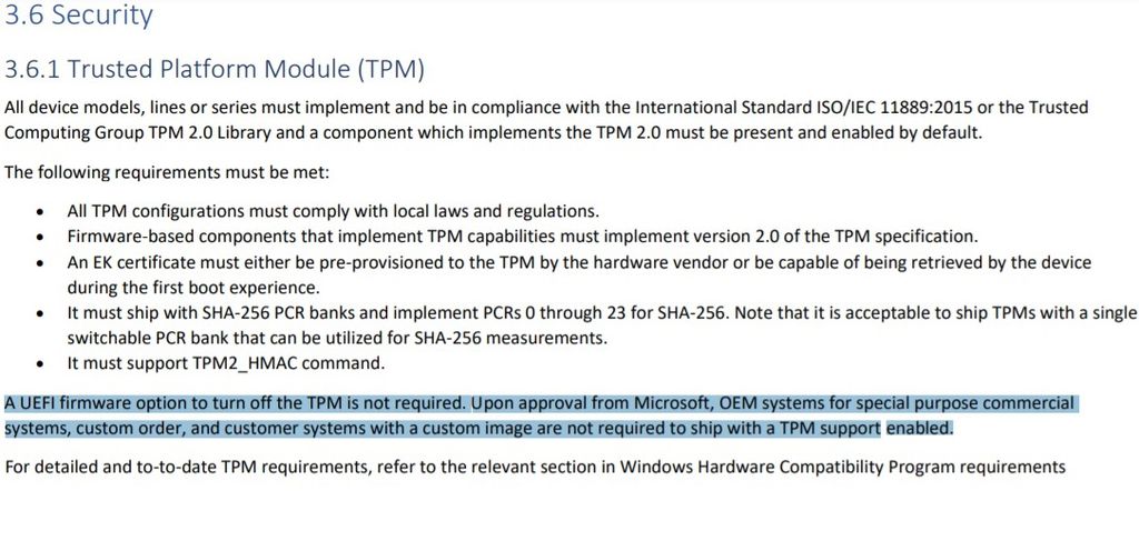 Se o fabricante submeter um pedido, a Microsoft pode liberar a exigência do TPM para sistemas OEM (Imagem: Reprodução/Microsoft)