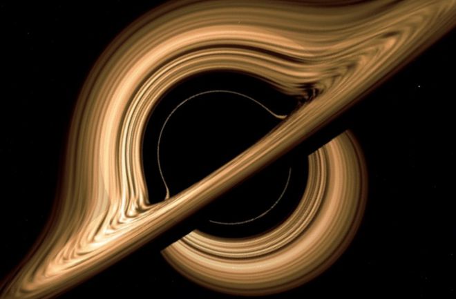 Simulação de como deve ser um buraco negro com um disco de acreção formado por matéria circunvizinha (Imagem: Reprodução/Salvatore Orlando)