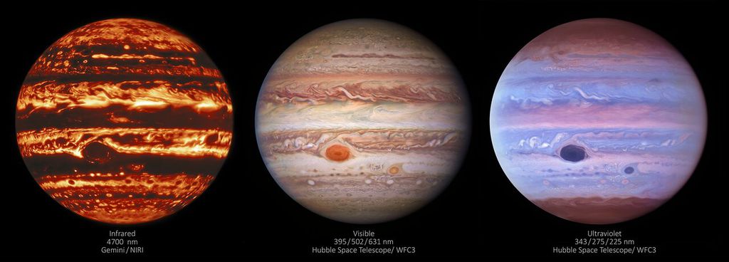Como Júpiter fica de acordo com a luz infravermelha, visível e ultravioleta (Imagem: Reprodução/International Gemini Observatory/NOIRLab/NSF/AURA/NASA/ESA, M.H. Wong and I. de Pater (UC Berkeley) et al.)