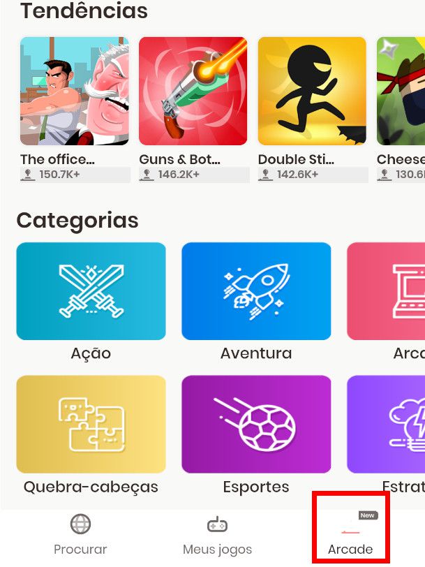 Na aba "Arcade", você pode acessar o catálogo de jogos ou pesquisar por categorias específicas (Captura de tela: André Magalhães)