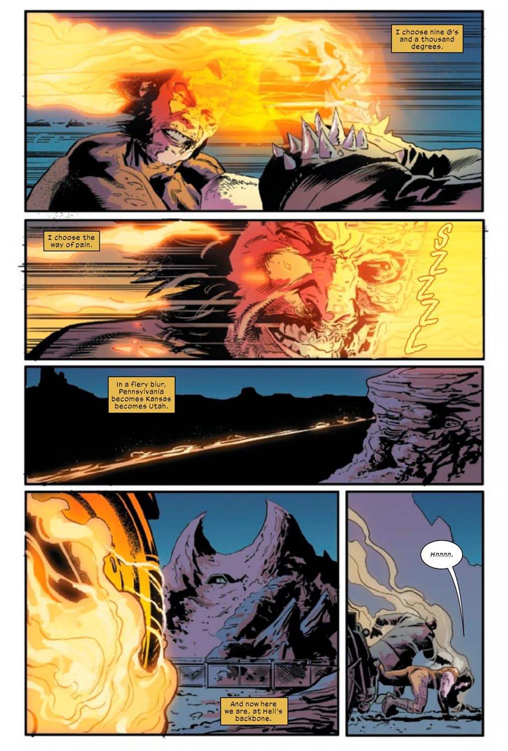 Wolverine usa seu fator de cura para pegar uma perigosa carona com o Motoqueiro Fantasma (Imagem: Reprodução/Marvel Comics)