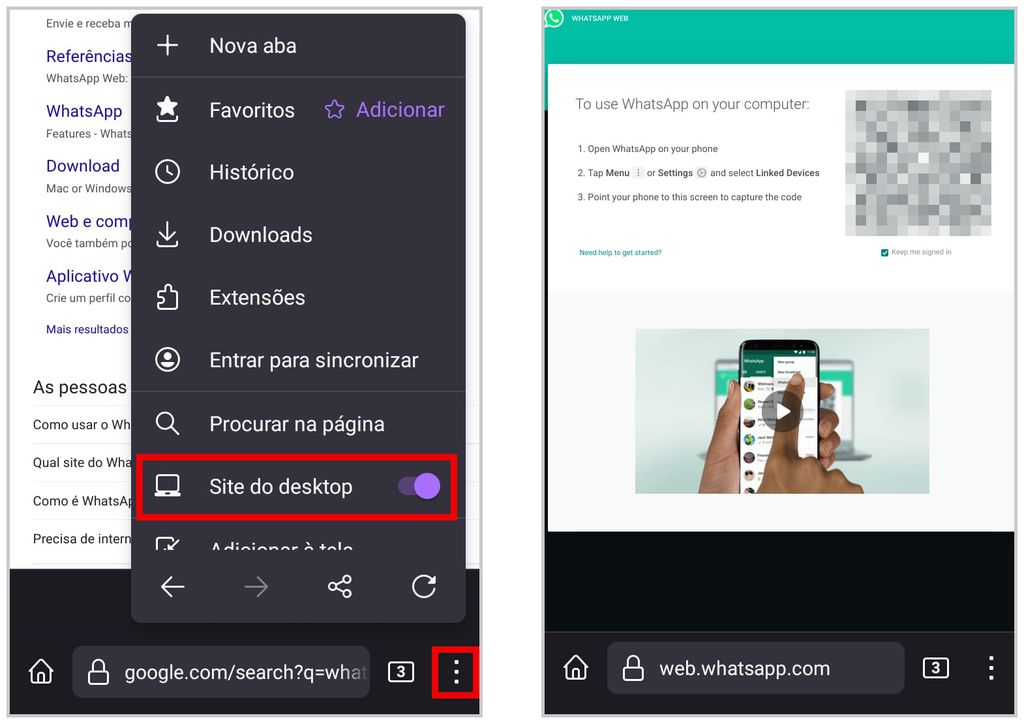 Ative a função de desktop de um navegador e acesse o WhatsApp Web no celular (Captura de tela: Matheus Bigogno)