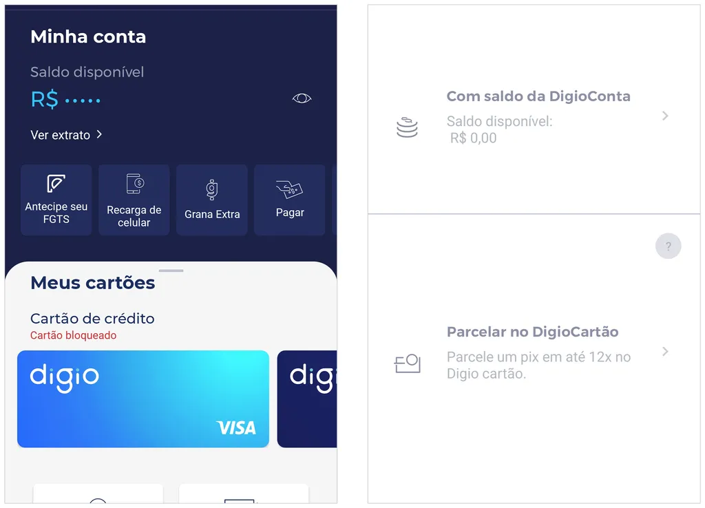 Aplicativo da Digio inclui opções de pagamento com cartão (Captura de tela: André Magalhães)