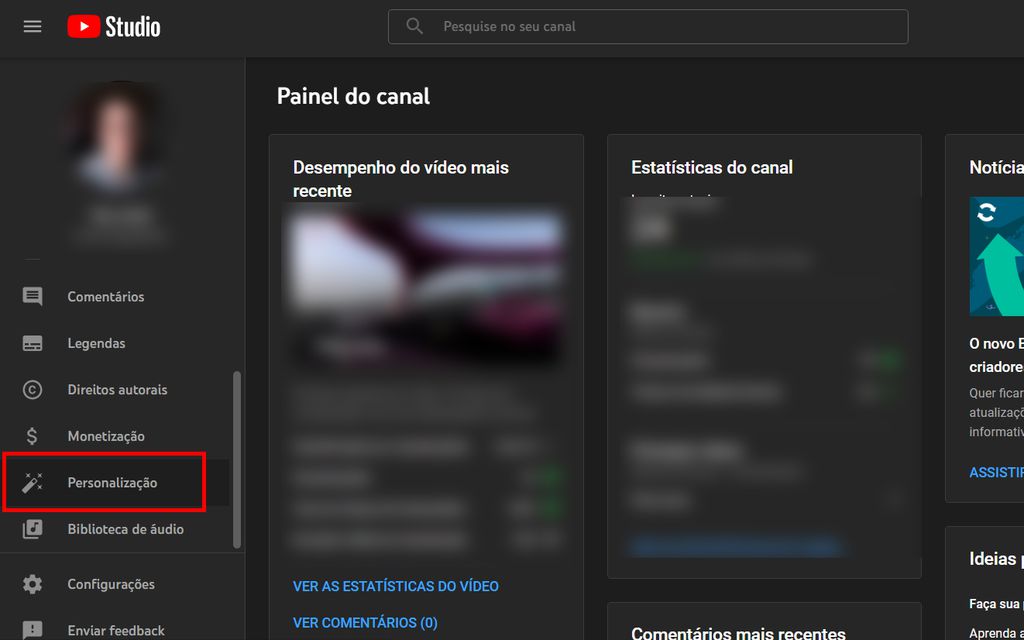 Acesse a tela de personalização do canal (Captura de tela: André Magalhães)