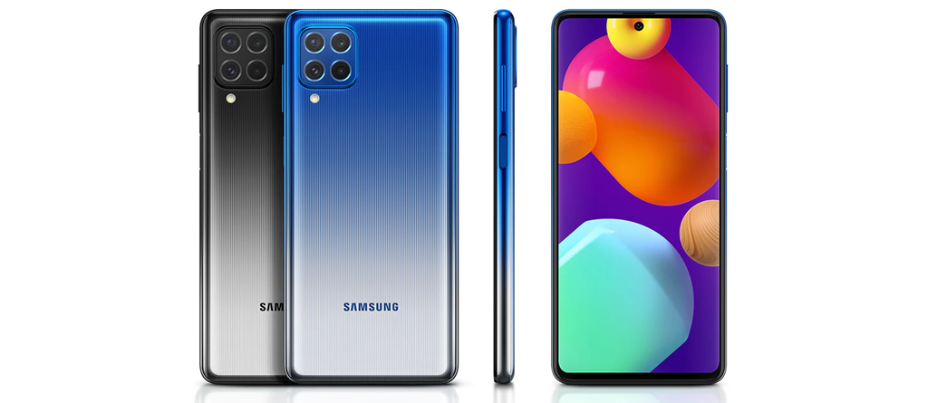 Com visual único, o Samsung Galaxy M62 está disponível em azul ou preto, com tons metálicos (Imagem: Reprodução/Samsung)