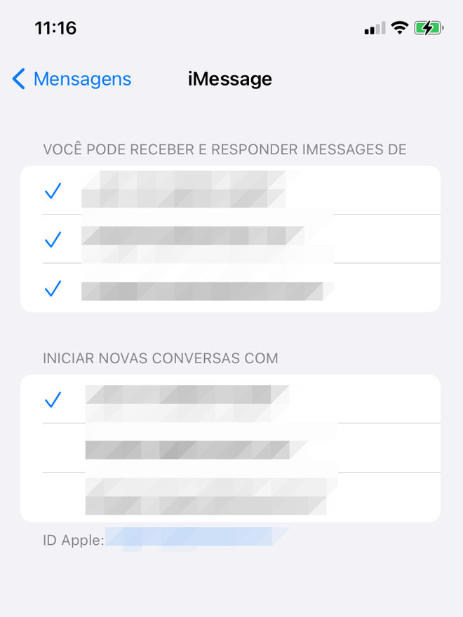 Feito o login, você poderá ver a confirmação da sua conta ID Apple no iMessage do iPhone - Captura de tela: Thiago Furquim (Canaltech)