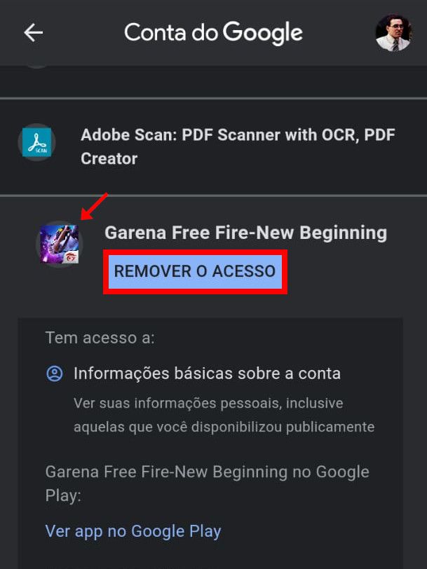 Expanda o "Free Fire" e clique em "Remover o acesso" (Captura de tela: Matheus Bigogno)