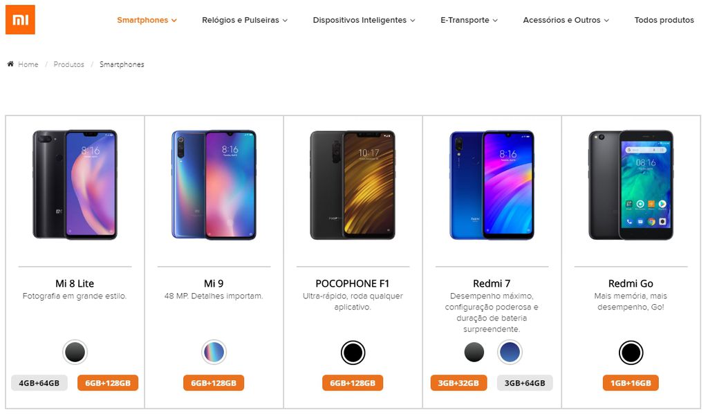 Alguns dos modelos de smartphones disponíveis na loja online da Xiaomi
