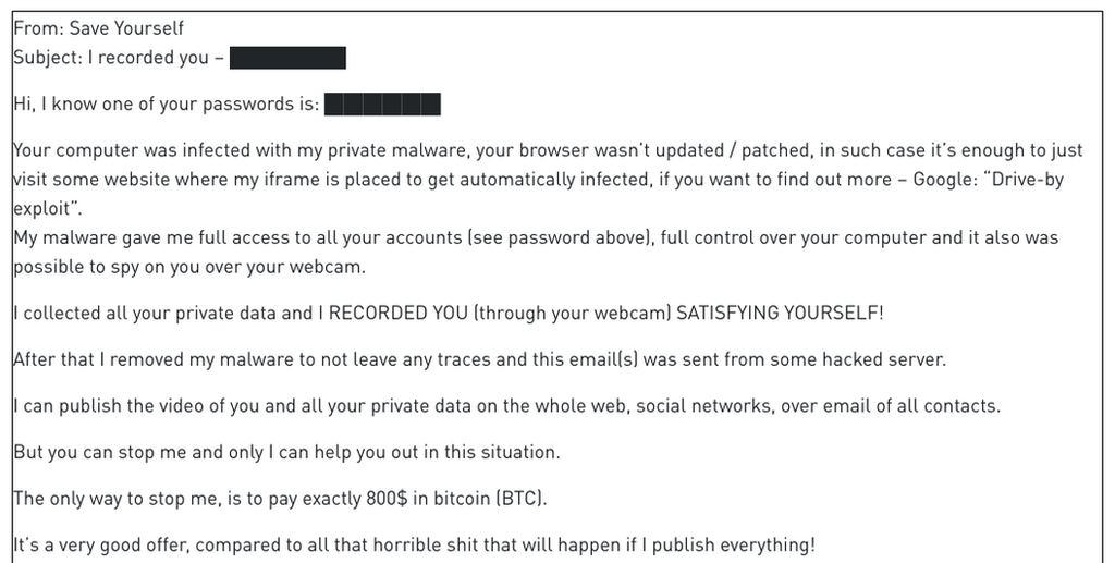 Captura de tela do e-mail usado para ameaçar os usuários