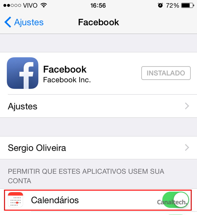 A partir dos Ajustes do iOS, permita que o app Calendário acesse os eventos e datas de aniversário dos seus amigos no Facebook