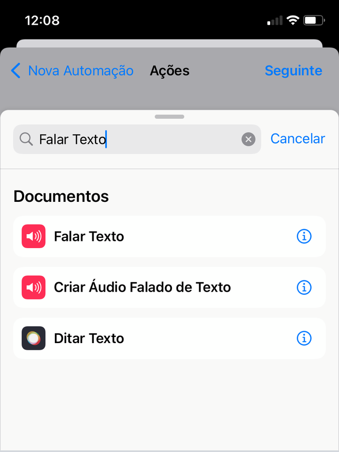 Selecione a opção "Falar Texto" na automação - Captura de tela: Thiago Furquim (Canaltech)