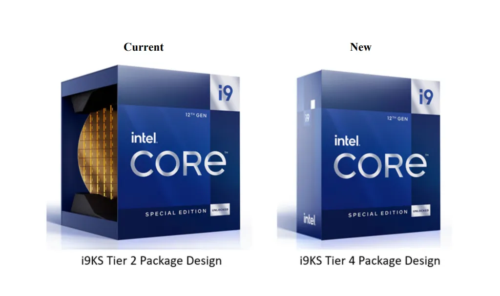 A antiga caixa do Intel Core i9 12900KS à esquerda, e a nova caixa à direita — a mudança deve reduzir custos de transporte (Imagem: Reprodução/Intel)