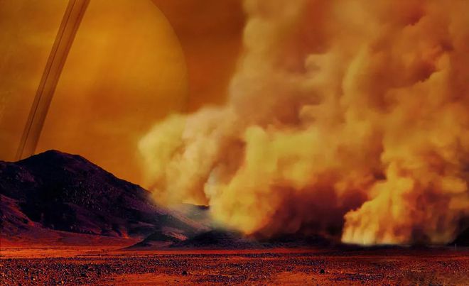 Conceito artístico de tempestades de areia em Titã (Imagem: reprodução/NASA)