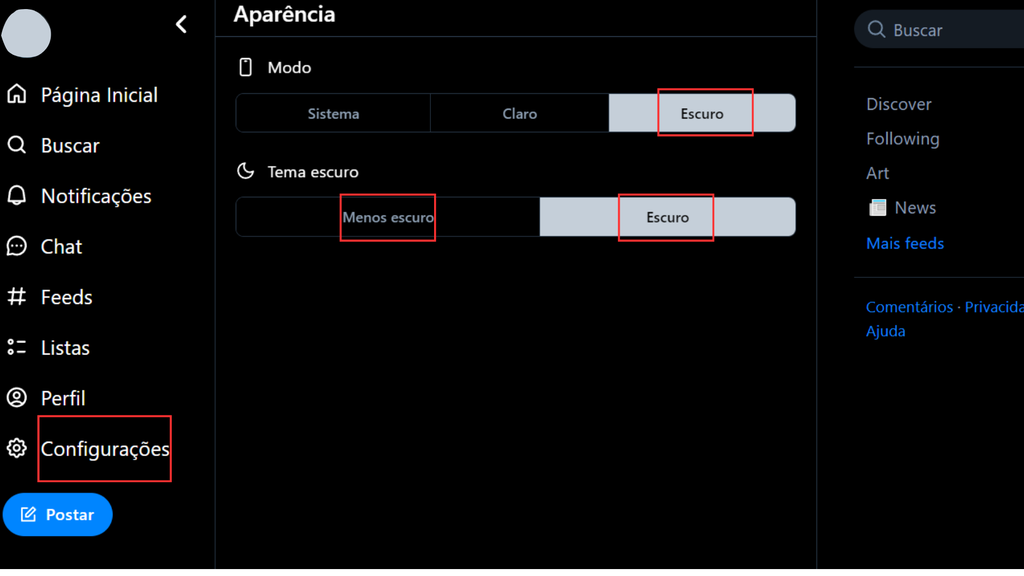 Captura de tela da configuração de aparência do Bluesky no computador (Imagem: Captura de tela/Emanuele Almeida/Canaltech)