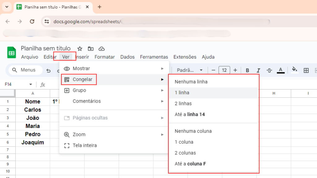 Como congelar uma célular no Google Planilhas (Imagem: Captura de tela/Bruno De Blasi/Canaltech)