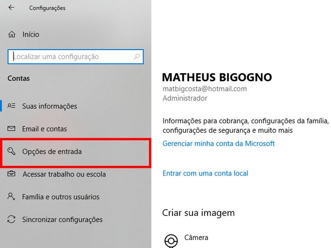 No menu lateral, clique em "Opções de entrada" (Captura de tela: Matheus Bigogno)