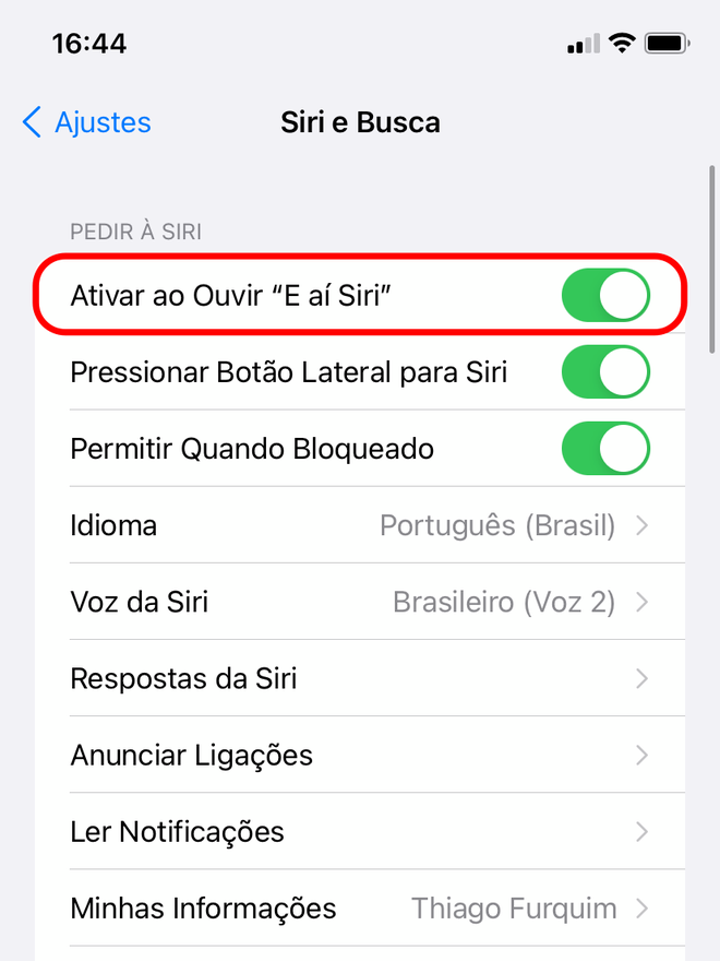 Selecione o comando "E aí Siri" para ativá-la no iPhone por voz - Captura de tela: Thiago Furquim (Canaltech)