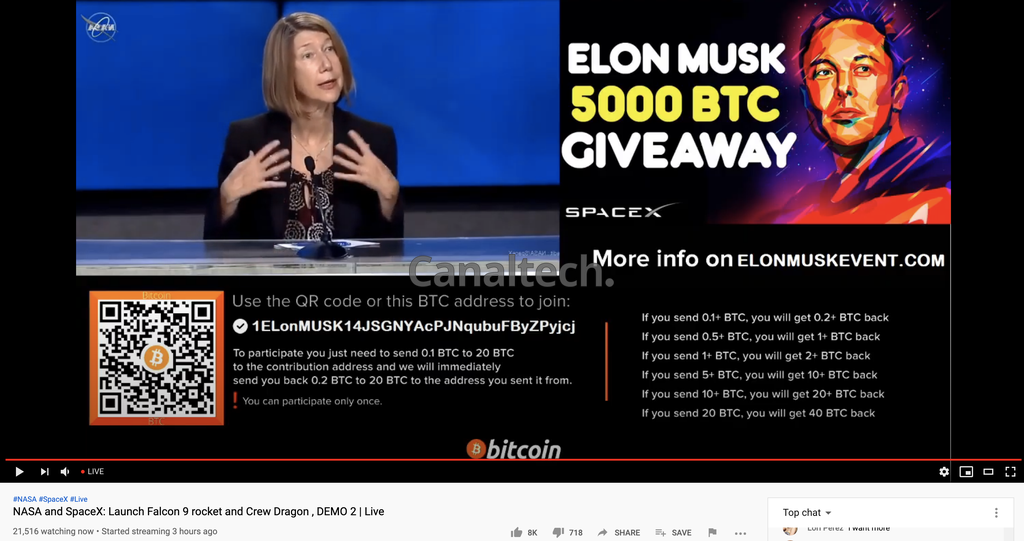 Canal falso da SpaceX no YouTube promete bitcoins usando nome de Elon Musk