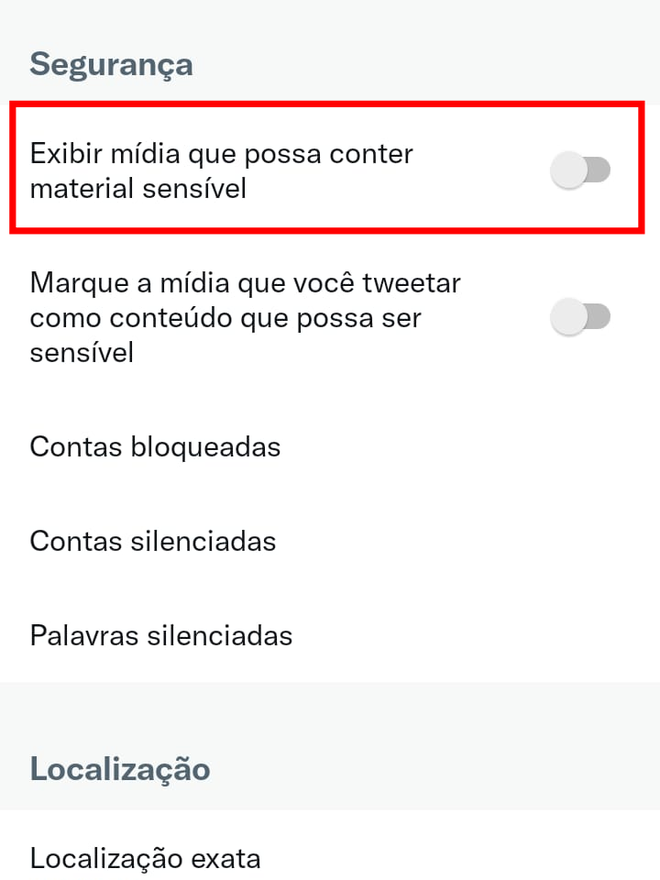 Mude ajustes do Twitter e Exibir conteúdo sensível