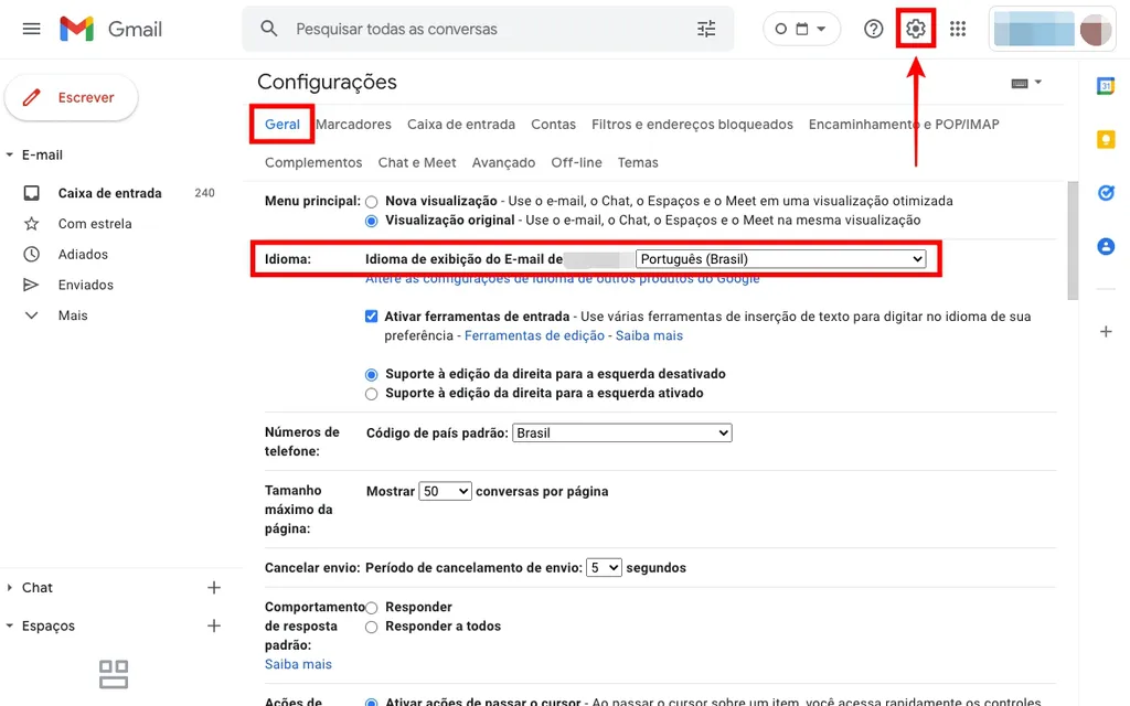 Como colocar o Gmail em português: opção está nas configurações do serviço (Captura de tela: Caio Carvalho)