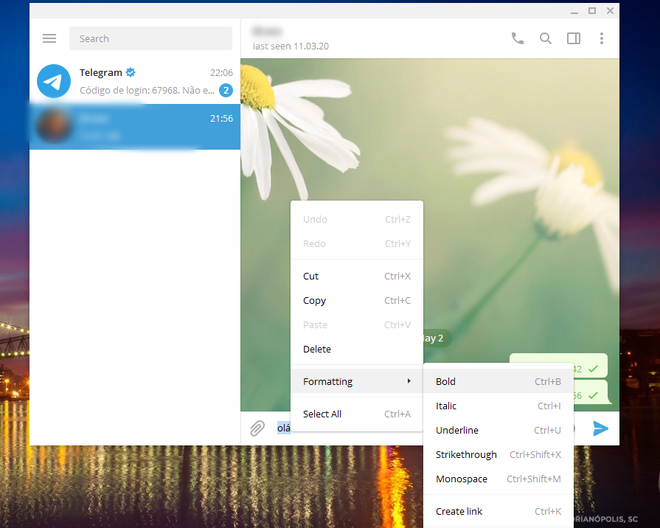 A versão do Telegram para computador permite formatar textos com alguns cliques (Captura de tela: Ariane Velasco)