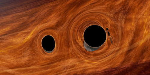 Nesta ilustração, dois buracos negros estão próximos e o menor é deformado pelas forças das marés (Imagem: Reprodução/Caltech/R. Ferido)