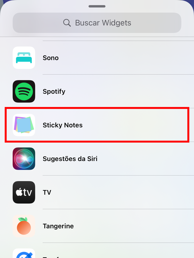Selecione o app Sticky Notes na lista de opções. Captura de tela: Lucas Wetten (Canaltech)