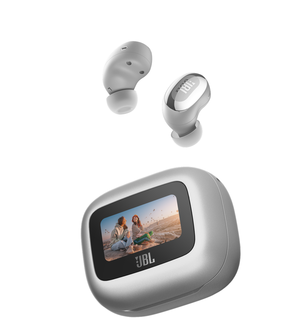 Submarca da Samsung, a JBL lançou a linha Live TWS 3 com tela no estojo, indício que sugere um futuro em que veremos um Galaxy Buds com tecnologia similar (Imagem: Divulgação/JBL)