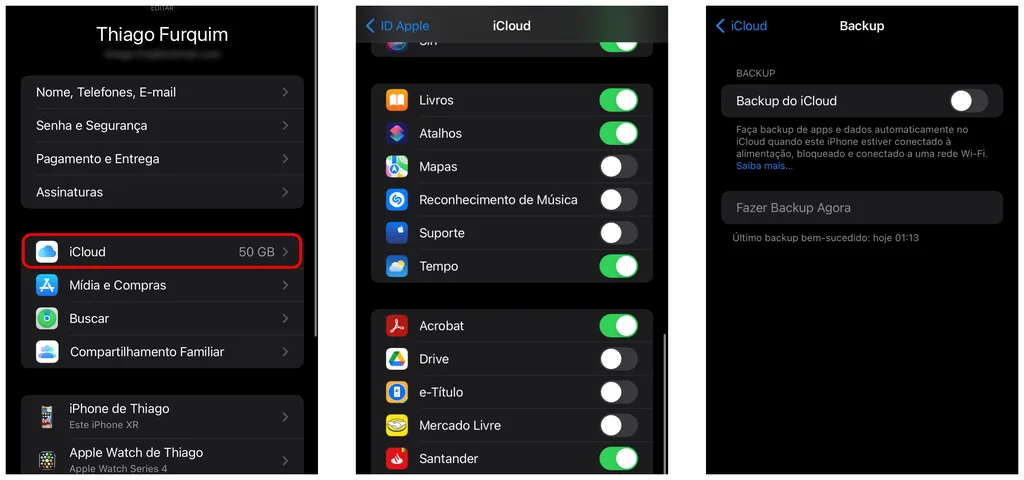 Desative o backup do iCloud para apps e informações do iPhone (Imagem: Thiago Furquim)