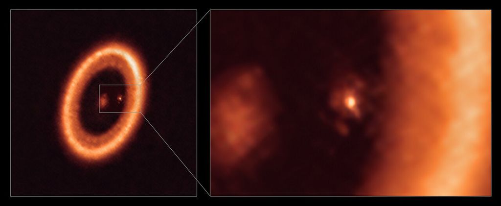 O sistema PDS 70, com detalhe que mostra o planeta e o disco circumplanetário que pode formar novas luas (Imagem: Reprodução/ALMA/ESO/NAOJ/NRAO/Benisty)
