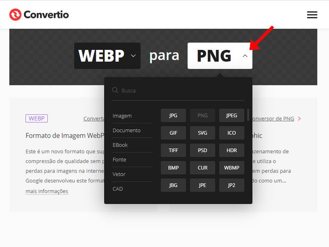 Acesse a plataforma Convertio e selecione o formato para o qual você quer converter (Captura de tela: Matheus Bigogno)