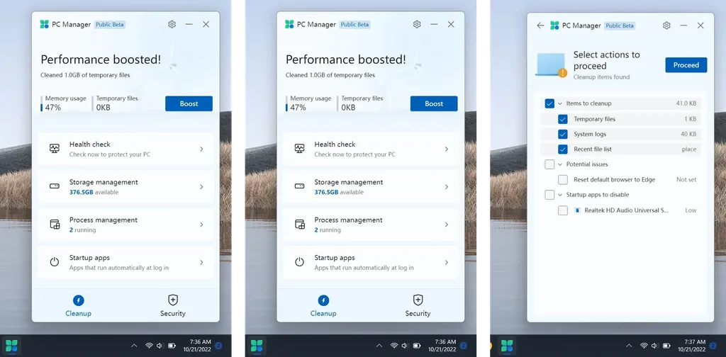 O app PC Manager dá acesso rápido a opções de economia de armazenamento, apps em execução e mais (Imagem: Reprodução/Aggiornamenti Lumia)