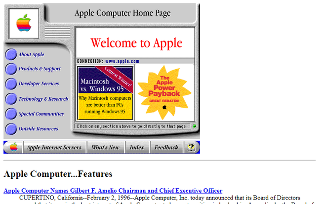 A Apple marcou presença na internet em 1996 (IImagem: Reprodução/Web Design Museum)