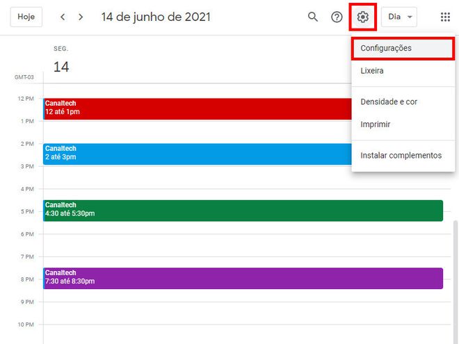 Abra o Google Agenda, clique na "Engrenagem" e depois em "Configurações" (Captura de tela: Matheus Bigogno)