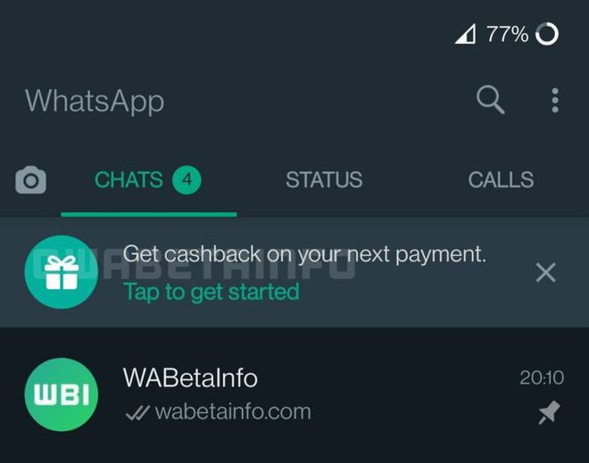 Notificação de Cashback no próximo pagamento pelo WhatsApp Pay - (Imagem: Reprodução/WABetaInfo)