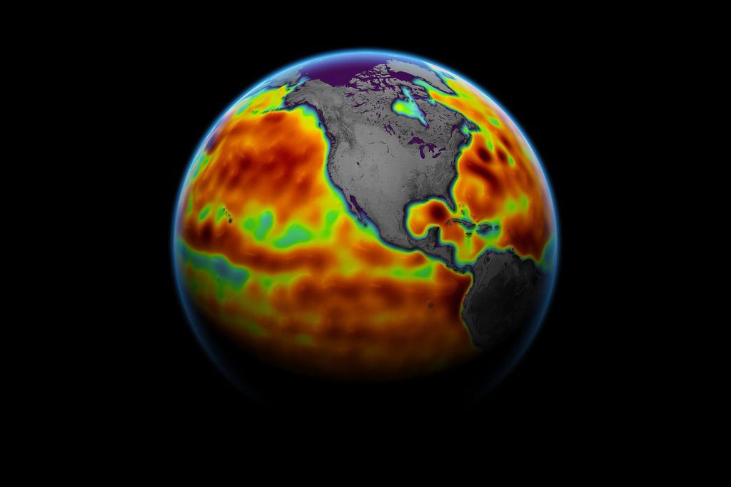 Medições da superfície dos oceanos feita pelo Sentinel-6 em 5 de junho deste ano (Imagem: Reprodução/NASA/JPL-Caltech)