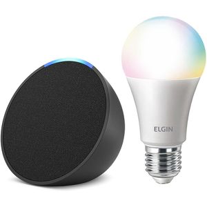 Echo Pop | Smart speaker compacto com som envolvente e Alexa Cor Preta + Lâmpada Elgin 10W | PIX