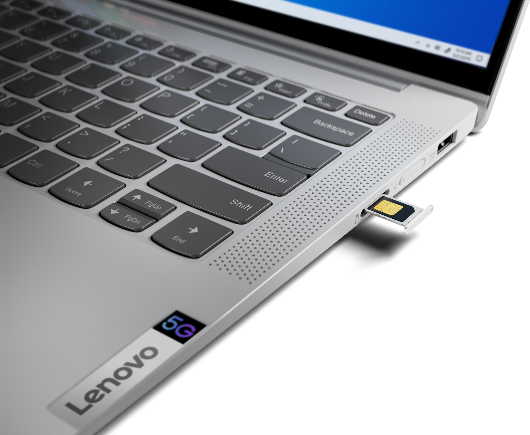 Bandeja para cartão SIM do IdeaPad 5G: onde não há disponibilidade de 5G, notebook se conecta à rede de dados LTE 4G