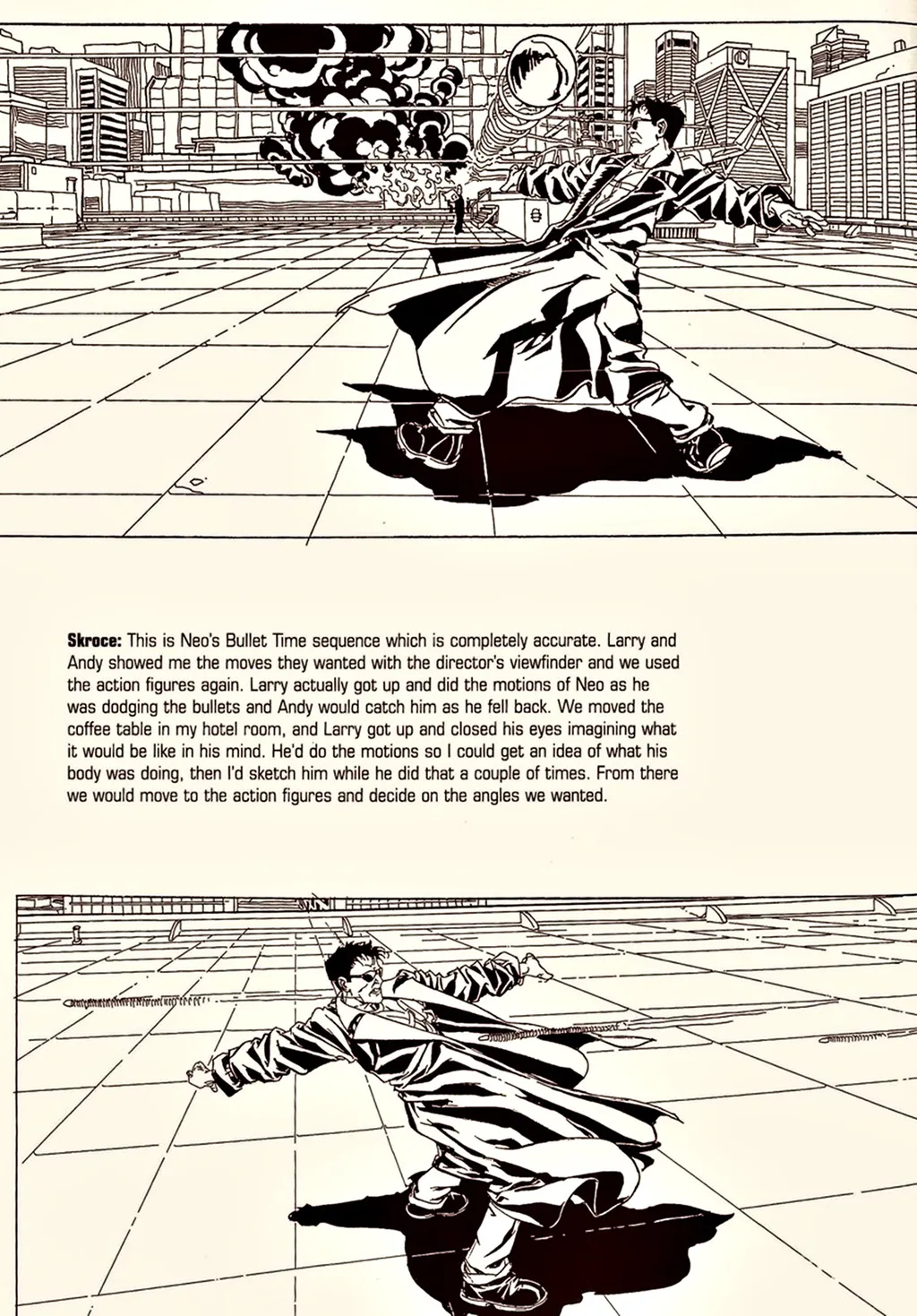 Steve Skroce, que trabalhou na HQ dos Wachowski na Marvel, foi quem desenhou os croquis de storyboard de Matrix (Imagem: Reprodução/Warner Bros)