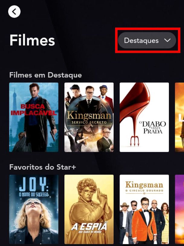 Na aba de "Filmes" ou "Séries", use o botão "Destaques" para filtrar as opções por gênero (Captura de tela: Matheus Bigogno)