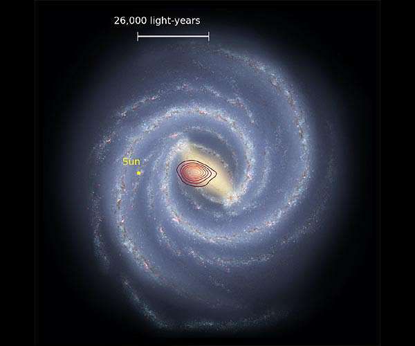 A distância entre o Sol e o buraco negro supermassivo Sagitário A* é mais que segura (Imagem: Reprodução/Danny Horta-Darrington/NASA/JPL-Caltech/SDSS)