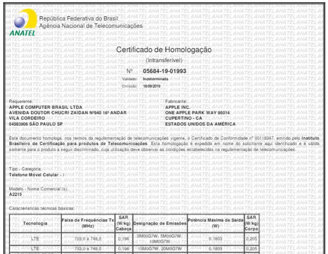 Certificado de homologação do iPhone 11 Pro