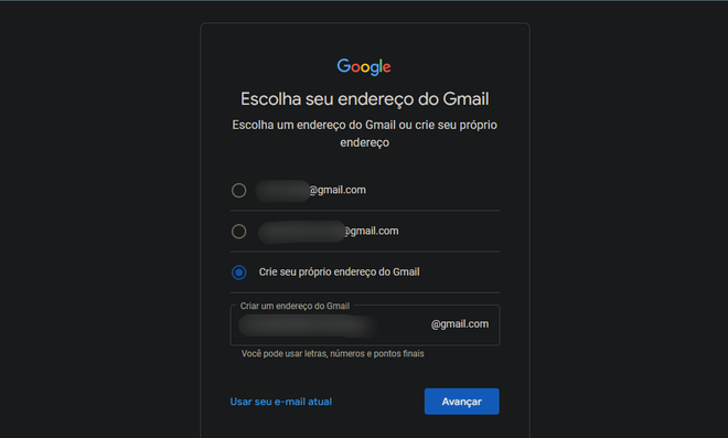 Você pode criar seu próprio Gmail ou escolher sugestão da plataforma (Imagem: Captura de tela/Fabrício Calixto/Canaltech)