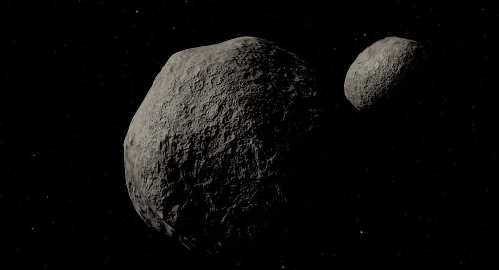 Os asteroides Didymos e Dimorphos em uma representação artística (Imagem: Reprodução/NASA)