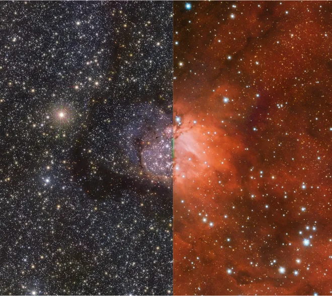 Uma comparação entre uma imagem na luz visível (direita) e a nova foto em infravermelho (Imagem: Reprodução/ESO)