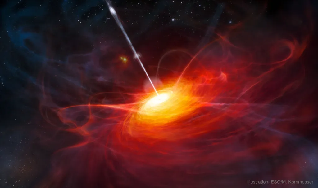 Representação de um quasar no universo primordial (Imagem: Reprodução/ESO, M. Kornmesser)