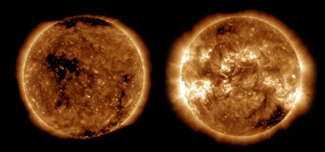 Imagens do Sol próximo ao mínimo solar em 2019 e o último máximo solar, que ocorreu em abril de 2014(Imagem: Reprodução/NASA'S SOLAR DYNAMICS OBSERVATORY/JOY NG/Forbes)