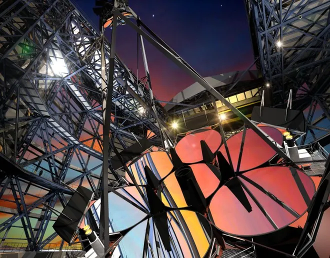 Representação do Telescópio Gigante Magalhães, que poderá ajudar na busca por tecnoassinaturas (Imagem: Reprodução/Giant Magellan Telescope – GMTO Corporation)
