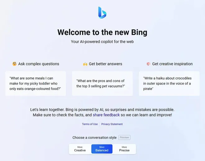 O novo Bing pode adotar três diferentes tons: criativo, balanceado e preciso (Imagem: Reprodução/Microsoft)