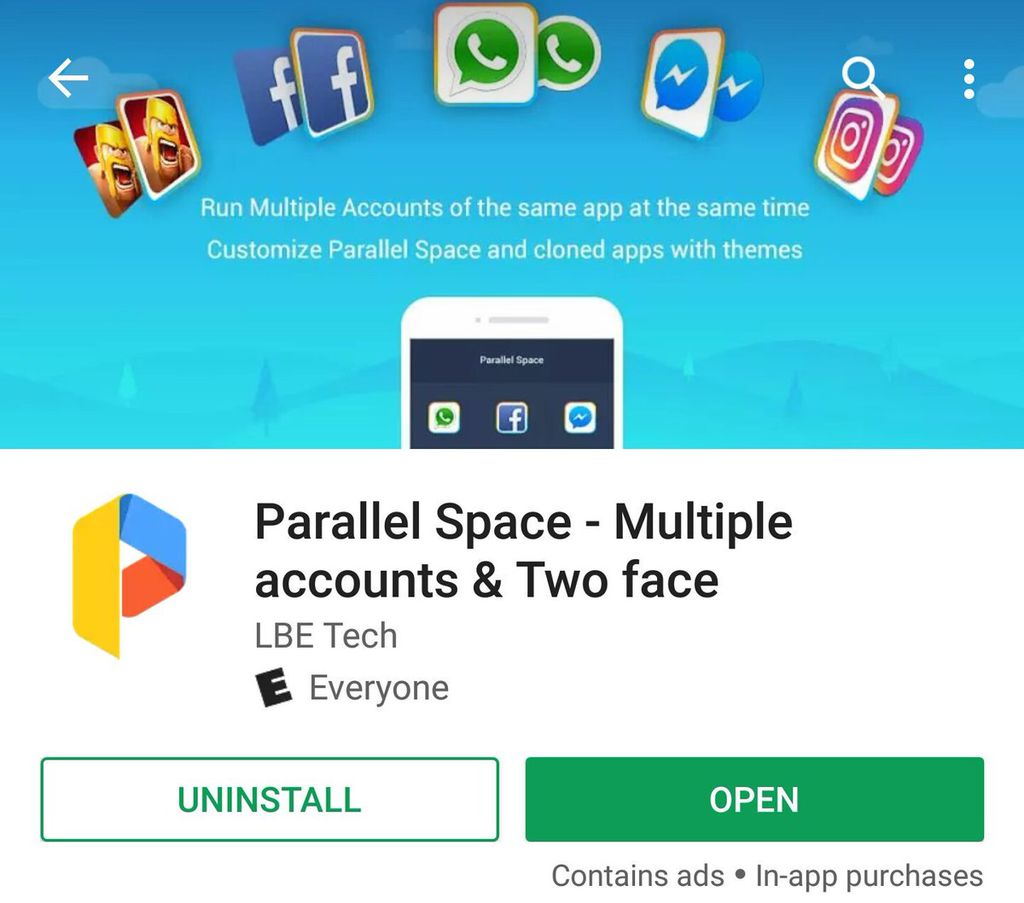 Parallel Space-Multi Accounts: Aplicativo permite utilizar mais de uma conta em redes sociais e jogos. (Imagem: Divulgação)